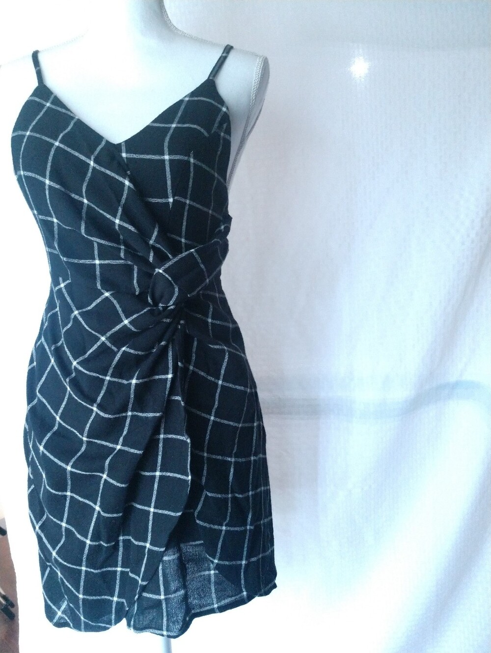 Lira Mini Dress Black White Check Faux Knot Wrap Front Size Small Chest 28"